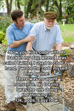 A younger man assists an elderly man with a walker, with overlaid text about coding with AI