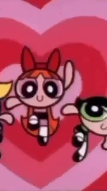 Персонажи мультсериала Powerpuff Girls на розовом фоне из наложенных сердец, винтажный ретро-фильтр