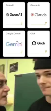 Grid of AI provider logos (OpenAI, Claude, Gemini, Grok) with sparklines above a video reaction of a smirking person