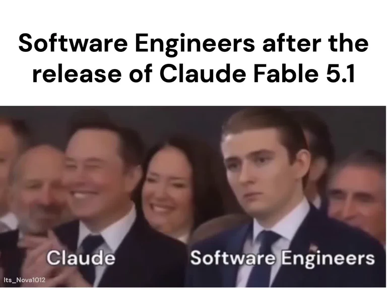 Meme showing two labeled people after a Claude release: a smiling figure labeled Claude and a frowning figure labeled Software Engineers