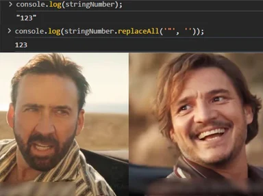Two smiling men side by side with code about string replacement