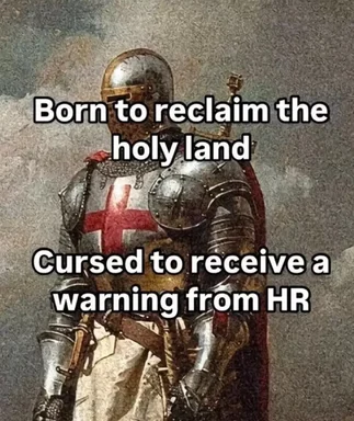 Knight Templar with a red cross on armor and HR warning text overlay
