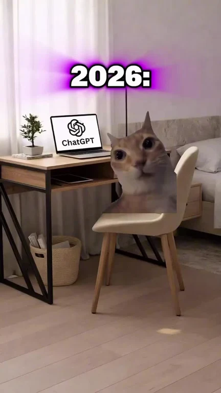 A cat sitting at a desk looking at a laptop screen showing the ChatGPT logo, with the text 2026 above it.