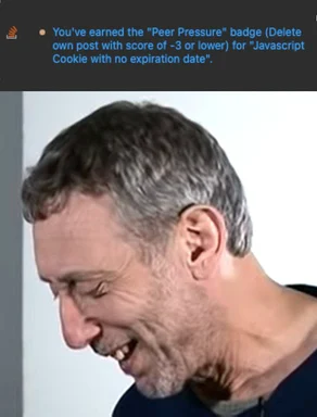 man laughing with a badge for peer pressure