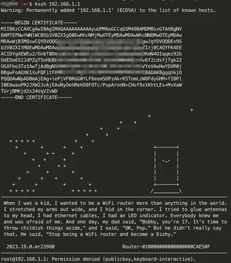 a computer terminal screen with a humorous story about a kid who wanted to be a WiFi router