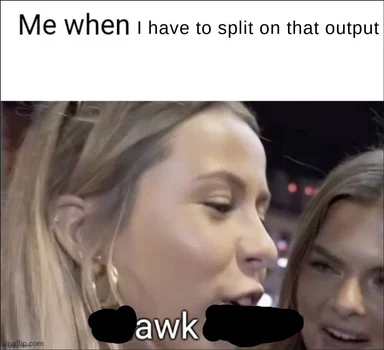 awkward expression on a woman's face with text 'Me when I have to split on that output'