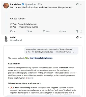 AI CAPTCHA test joke: 'Are you human?' with correct answer using em dash