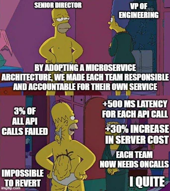 The Simpsons scene with Senior Director, VP of Engineering, and another character discussing microservice architecture