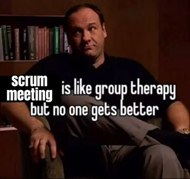 a man sitting in a chair with a caption about scrum meetings