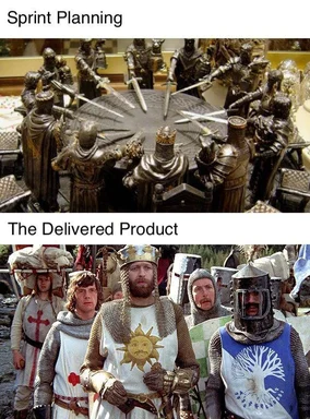 Medieval knights in two scenarios: planning with many knights around a table, and a disheveled group marching
