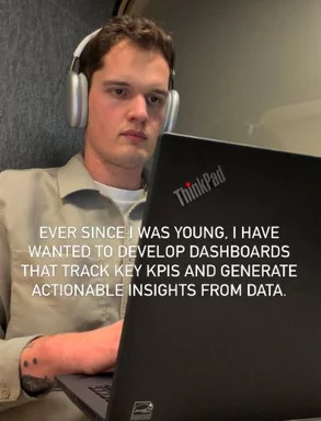 Man wearing headphones looking bored at a laptop screen with text overlay about wanting to develop dashboards for KPIs and data insights.