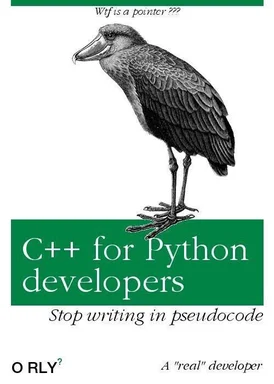 Parody book cover of a confused bird standing on a green banner reading 'C++ for Python developers, Stop writing in