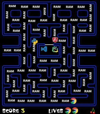 A Pac-Man arcade game screenshot parody where the maze is filled with the word RAM instead of dots, and the characters are replaced by Chrome, Python, Visual Studio Code, and Windows icons.