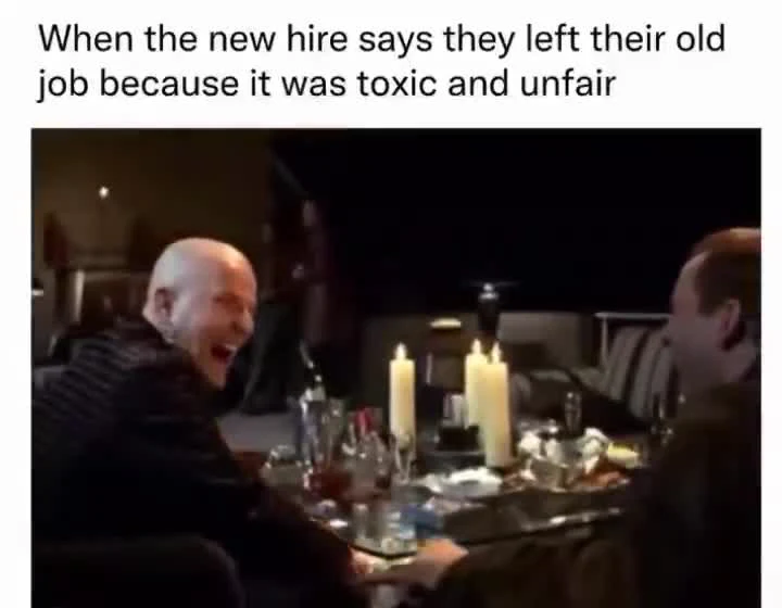 Laughing man at a dinner table meme about a new hire leaving a toxic job