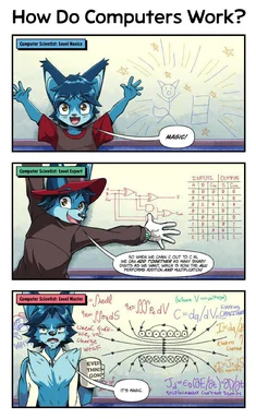 cartoon blue wolf explaining computer science concepts