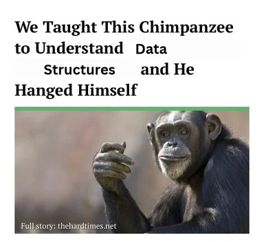 A chimpanzee with a sad, pensive expression beside a fake news headline claiming it hanged itself after learning data
