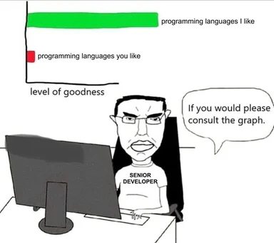 senior developer meme about programming languages