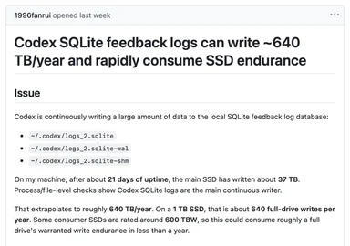 Codex SQLite feedback logs issue