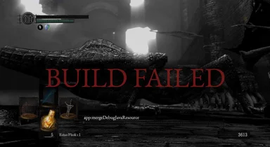 Dark Souls screenshot of a dragon with red text saying BUILD FAILED and a Java resource error log