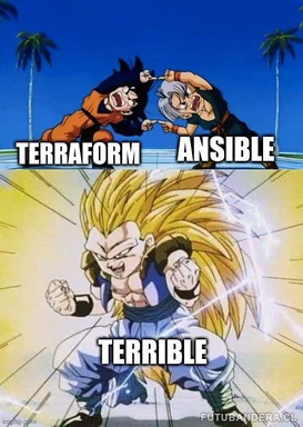 Dragon Ball Z characters fighting, labeled Terraform and Ansible, with a powerful character labeled Terrible