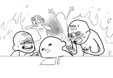 Cartoon characters overwhelmed by tasks with near deadlines