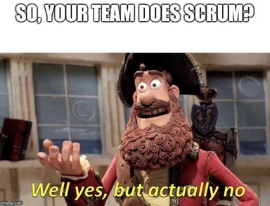 Cartoon pirate with a confused expression and text 'SO, YOUR TEAM DOES SCRUM? Well yes, but actually no'
