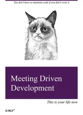 Grumpy cat meme with text 'Meeting Driven Development'