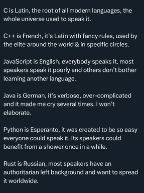 programmer humor comparing programming languages to world languages