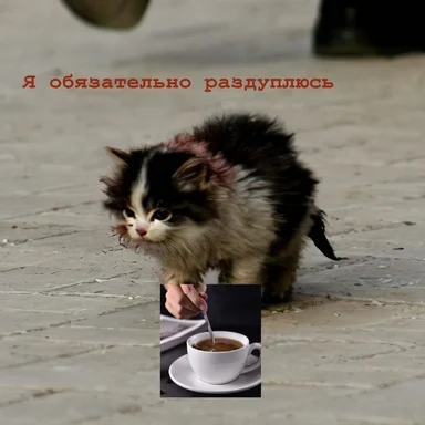disheveled cat with a cup of coffee