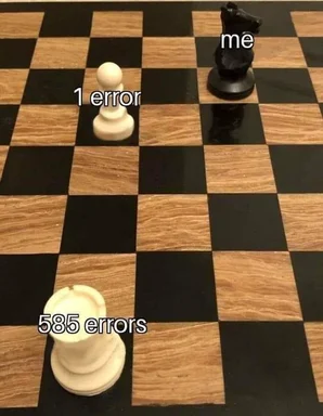 a chessboard with three pawns and a knight, labeled with errors and the developer