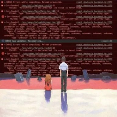 Neon Genesis Evangelion characters looking at a wall of code errors