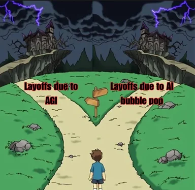 Cartoon character standing at a fork in the road, both paths leading to a dark castle on a cliff under lightning; left path labeled 'Layoffs due to AGI', right path labeled 'Layoffs due to AI bubble pop'