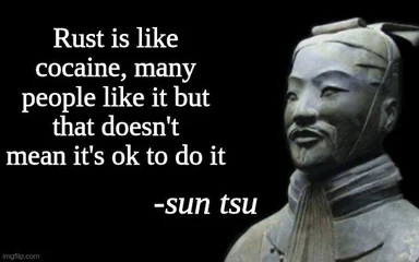 Terracotta warrior with a quote about Rust programming language