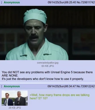meme of a man in a medical uniform looking disapprovingly, with text about Unreal Engine 5 problems