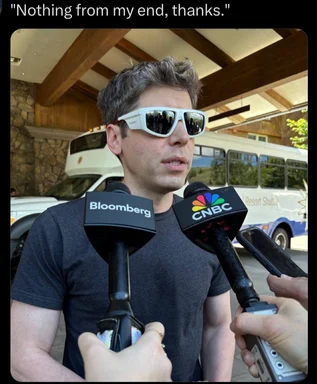 a man wearing sunglasses being interviewed by Bloomberg and CNBC reporters