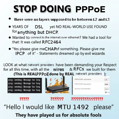 STOP DOING PPPoE meme with a burning router and error messages
