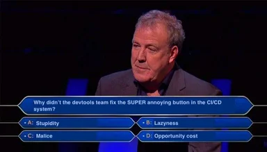 Jerry Springer-style game show meme with a question about devtools team fixing a CI/CD system button