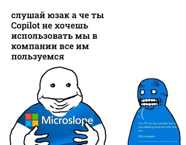 Two character meme: one wearing a Microslope t-shirt points at the other with a blue screen of death error message