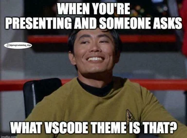Smiling Asian man in Star Trek uniform with text about vscode theme question