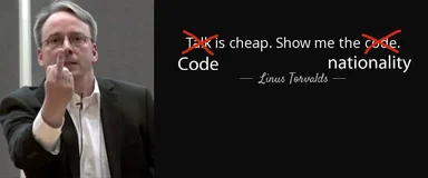 Linus Torvalds giving the finger with a quote about code and nationality