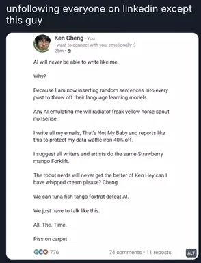 Humorous LinkedIn post about evading AI with nonsensical writing