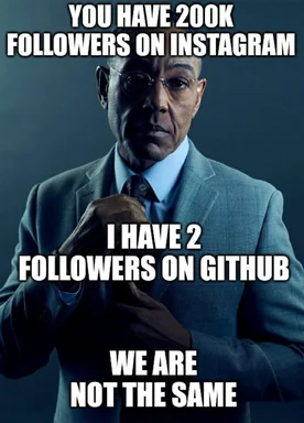 man in suit with text about github and instagram followers