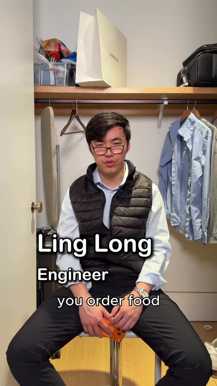 Man sitting on stool in closet with text 'Ling Long Engineer you order food'