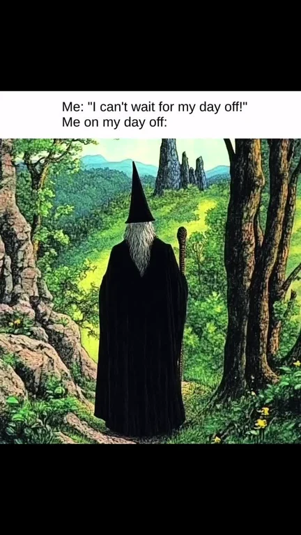A wizard standing in a forest, looking relaxed on his day off