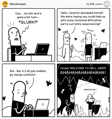 Cartoon comic about a developer's worst nightmare: git merge conflicts in the afterlife