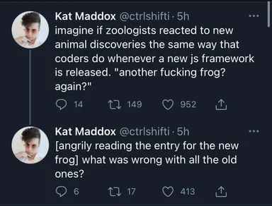 a humorous meme comparing zoologists and coders reactions to new discoveries and js frameworks