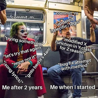 Joker and man on subway comparing coding experiences