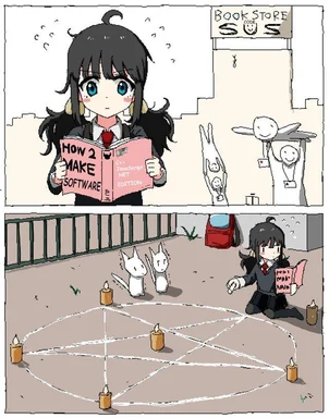 Anime girl holding a book on software development and another scene with her using the book in a ritual