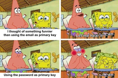 SpongeBob and Patrick Star meme about using password as primary key