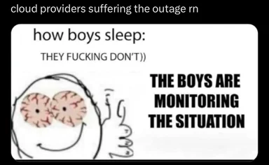 a meme about cloud providers suffering an outage with a drawing of a person with a smug expression and brains visible